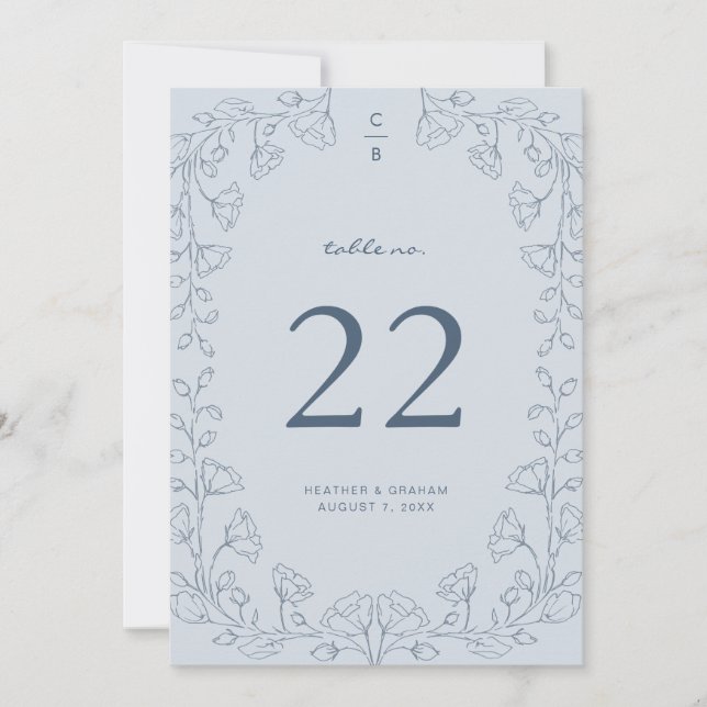 Floral Blue Wedding Table Number (Front)