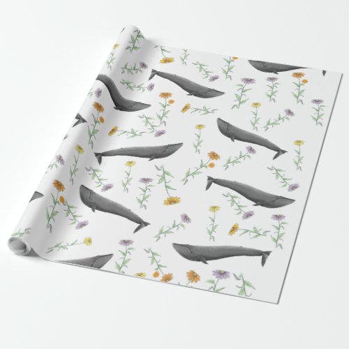 Floral Blue Whale Spring Illustration Pattern  Wrapping Paper