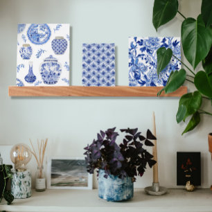 Floral Blue White Asian Influence Chinoiserie Jars Picture Ledge