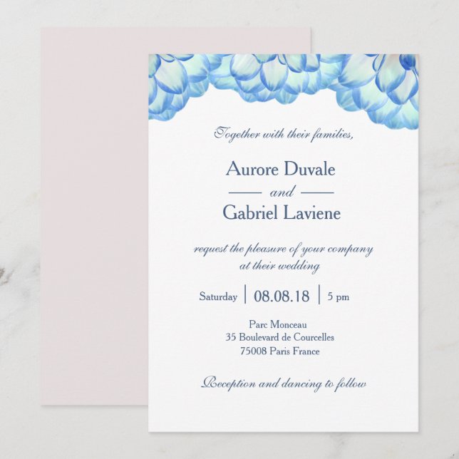 Floral blue white blush flowers petals wedding invitation (Front/Back)