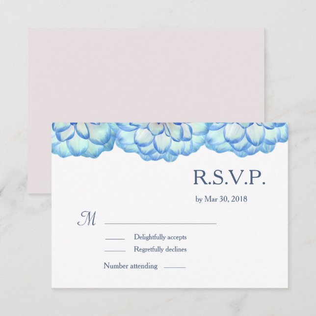 Floral blue white blush petals wedding RSVP Invitation (Front/Back)