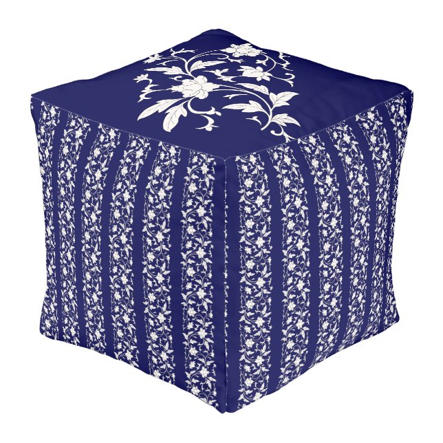 Floral Blue&White Chinoiserie  Pouf (Angled Back)