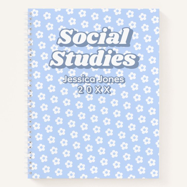 Floral Blue White Daisy Pattern School Subject Notebook (Front)