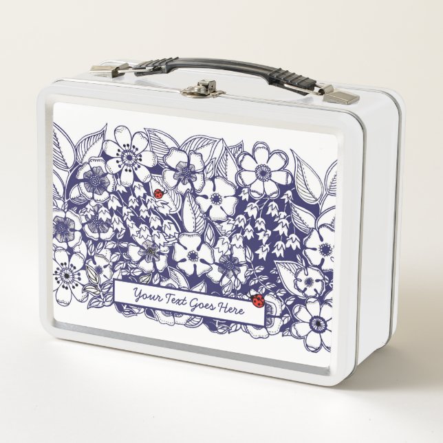 Floral Blue White Drawing Metal Lunch Box (Front)