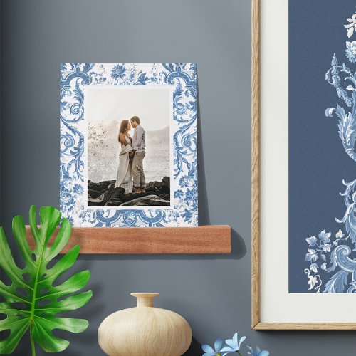 Floral Blue White Elegant Vintage Wedding Photo Picture Ledge