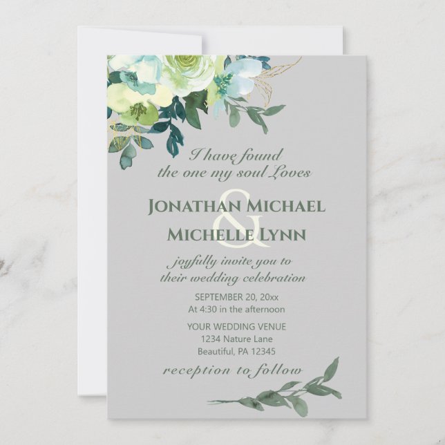 Floral Blue White Gold Turquoise Christian Wedding Invitation (Front)