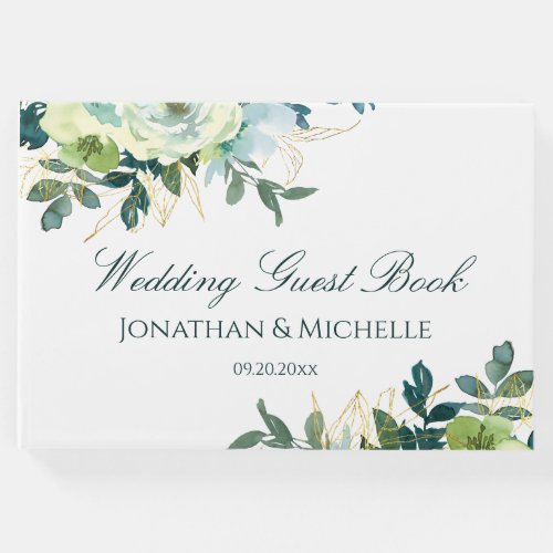 Floral Blue White Gold Turquoise Elegant Wedding Guest Book