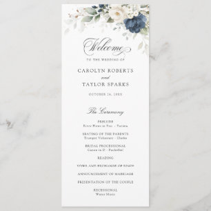 Floral Blue White Greenery Gold Wedding Program