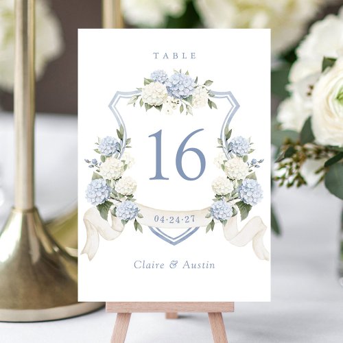 Floral Blue White Hydrangea Crest Table Number