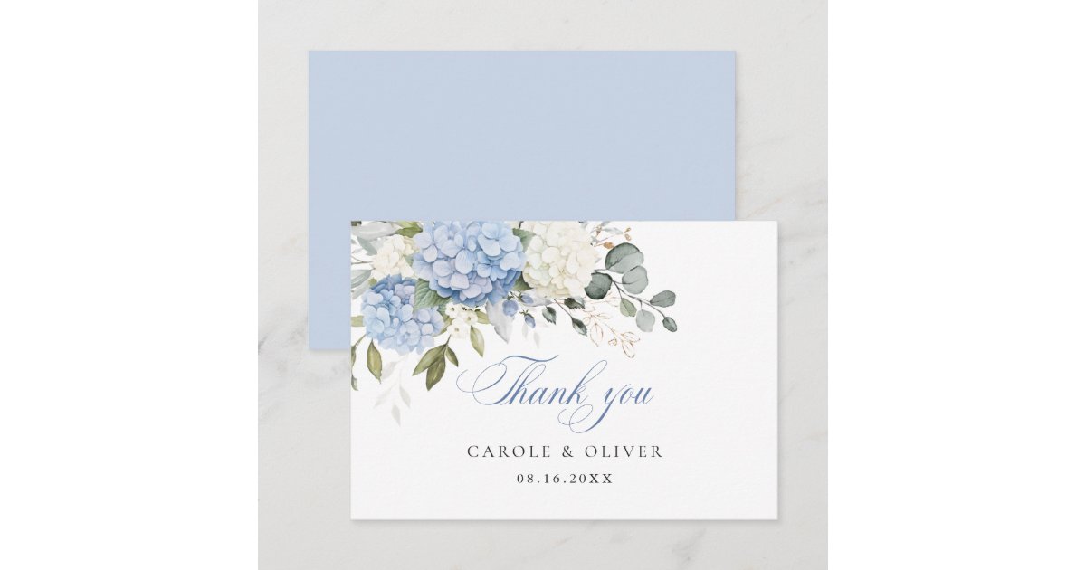 Floral Blue White Hydrangea Greenery Wedding Thank You Card | Zazzle