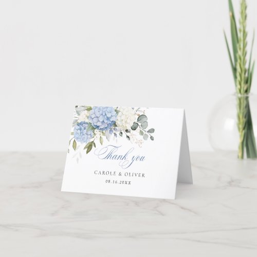 Floral Blue White Hydrangea Greenery Wedding Thank You Card