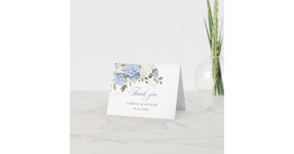 Floral Blue White Hydrangea Greenery Wedding Thank You Card | Zazzle