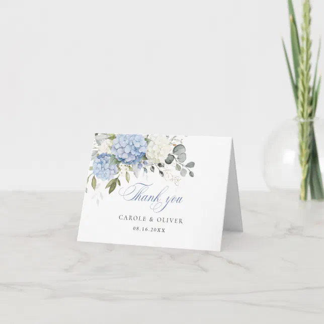 Floral Blue White Hydrangea Greenery Wedding Thank You Card | Zazzle