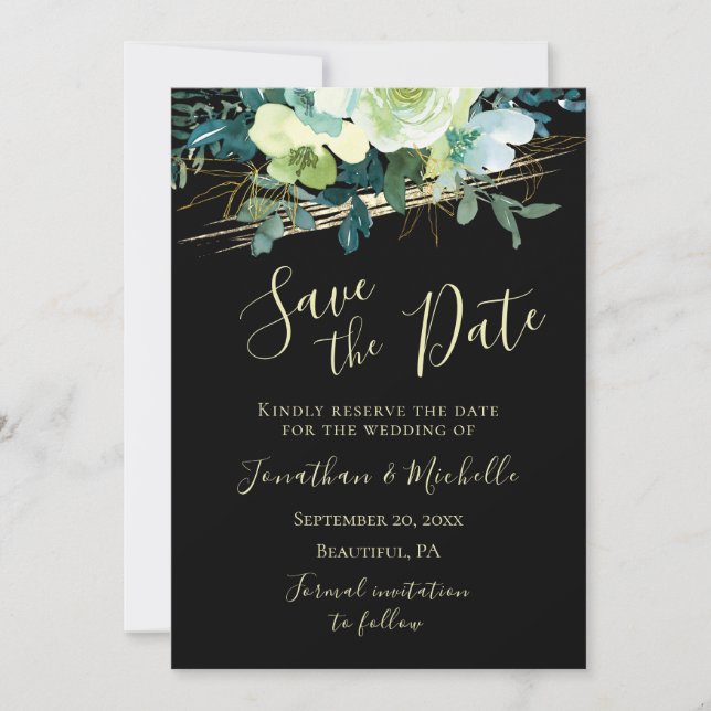 Floral Blue White Ivory Gold Black Elegant Wedding Save The Date (Front)