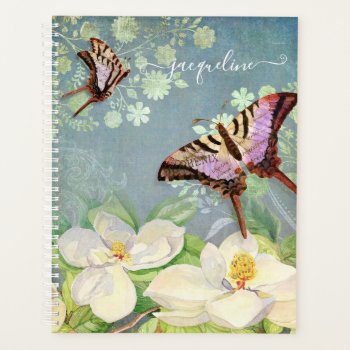 Floral Blue White Magnolia Butterfly Watercolor Planner by AudreyJeanne at Zazzle