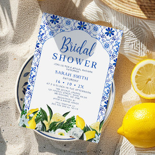 Floral Blue White Tile Lemon Bridal Shower Invitation
