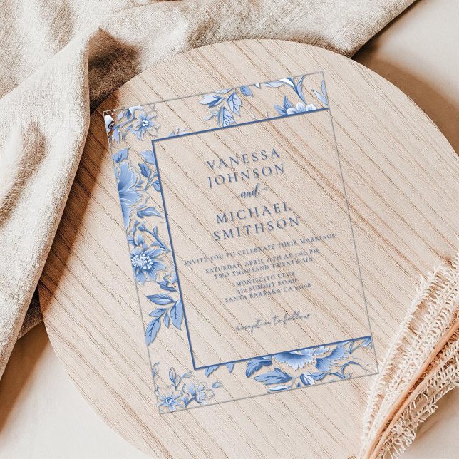 Floral Blue White Toile De Jouy Acrylic Invitations (Creator Uploaded)