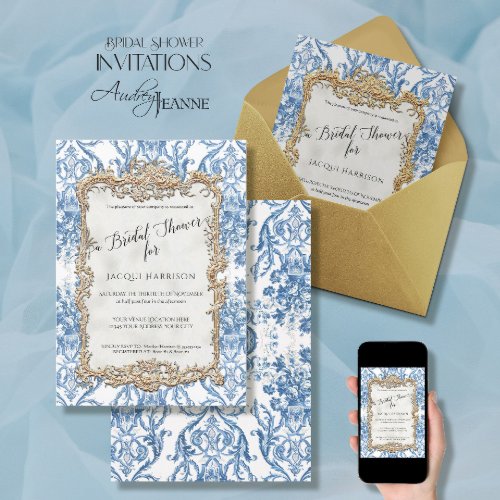 Floral Blue White Vintage Rococo Bridal Shower Invitation