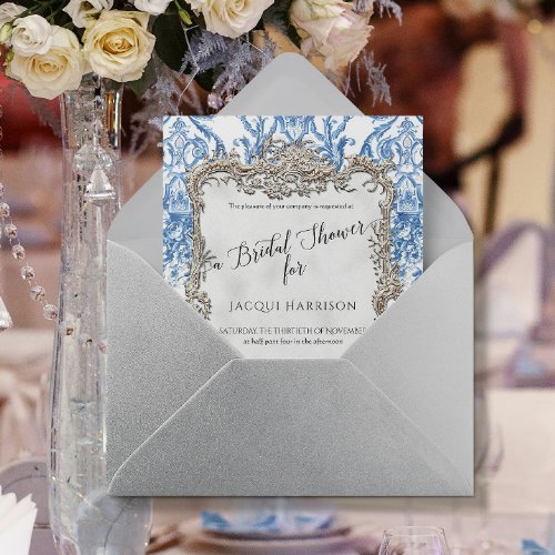 Floral Blue White Vintage Silver Bridal Shower Invitation
