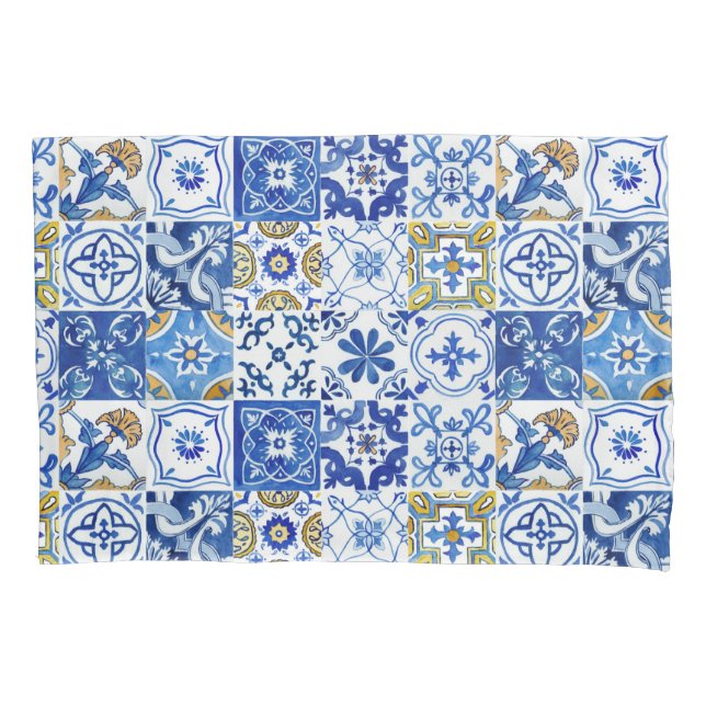 Floral Blue, White & Yellow Mediterranean Pattern Pillow Case (Front-Left)