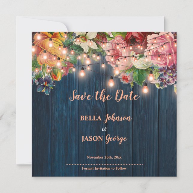 Floral Blue Wood String Lights Save The Date Invitation (Front)