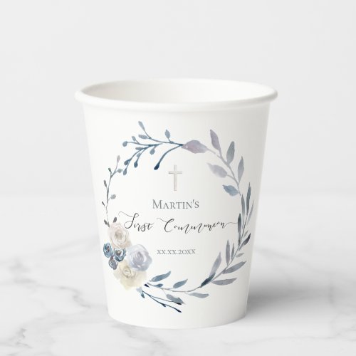 floral blue wreath First Holy Communion Paper Cups