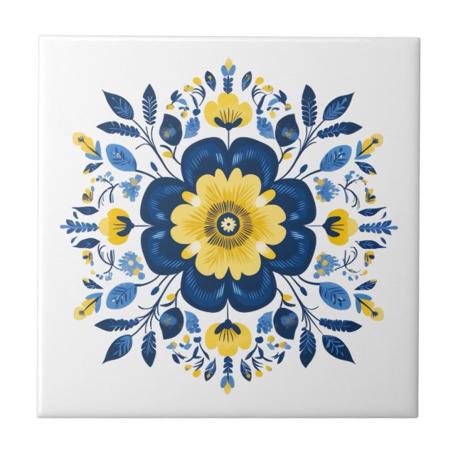 Floral Blue & Yellow  Ceramic Tile (Front)