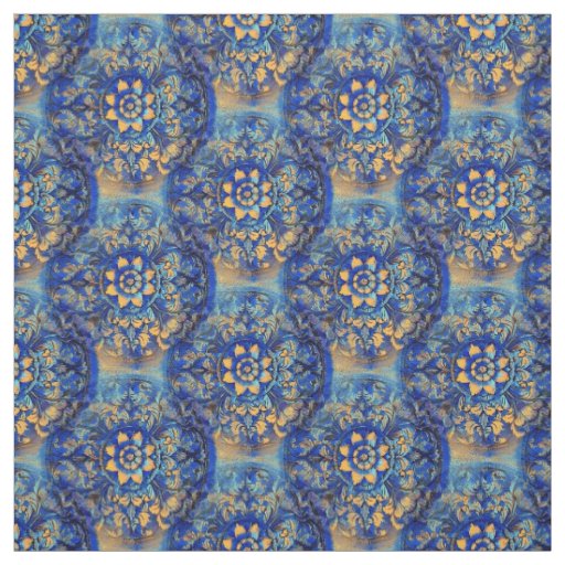 Floral Blue Yellow Circle Motif Fabric