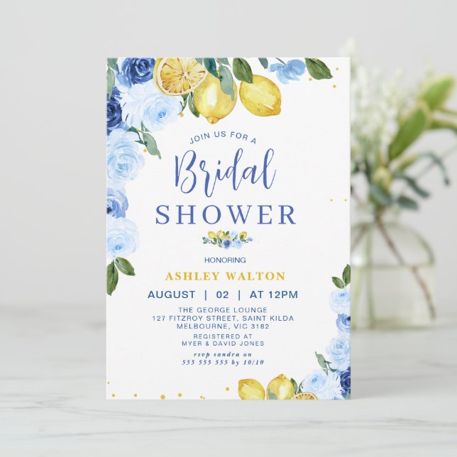 Floral Blue Yellow Lemon Themed Bridal Shower  Invitation (Standing Front)