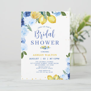 Floral Blue Yellow Lemon Themed Bridal Shower Invitation