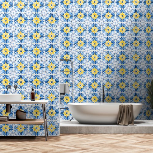 Floral Blue Yellow Mediterranean Tile Design  Wallpaper