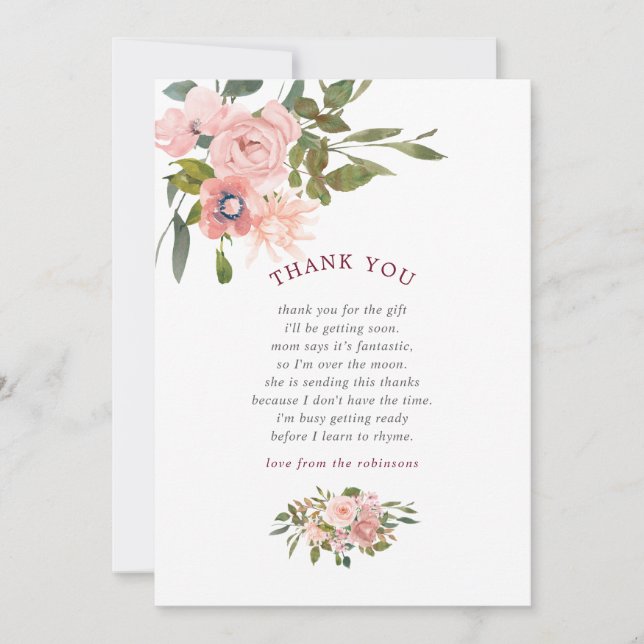 Floral Blush and Burgundy Baby Shower Thank You (Front)