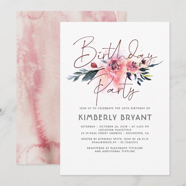 Floral Blush and Burgundy Birthday Party Invitation (Front/Back)