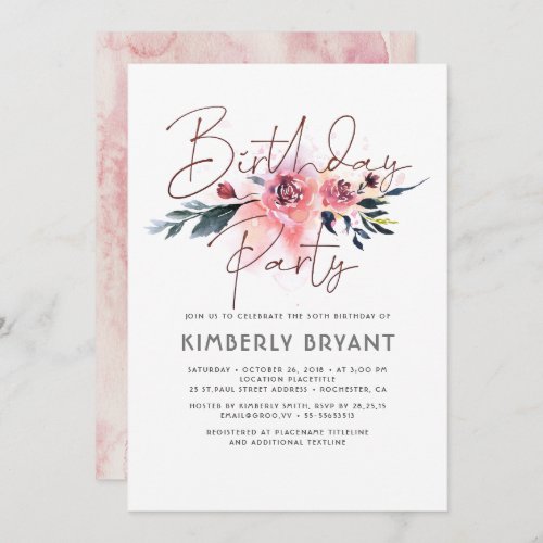 Floral Blush and Burgundy Birthday Party Invitation