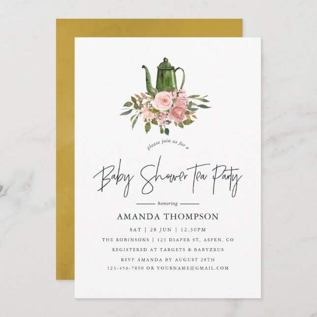 Floral Blush and Gold Baby Shower Tea Party Invitation (Front/Back)