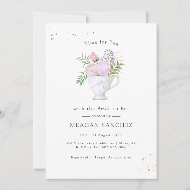 Floral Blush and Gold Bridal Shower Tea Party Invitation (Front)