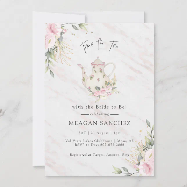 Floral Blush and Gold Bridal Shower Tea Party Invitation | Zazzle