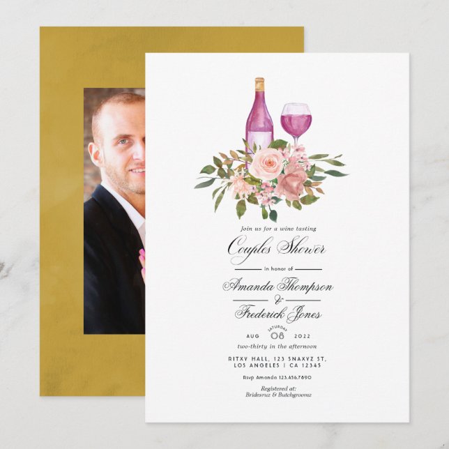 Floral Blush and Gold Wine Tasting Couples Shower Invitation (Front/Back)