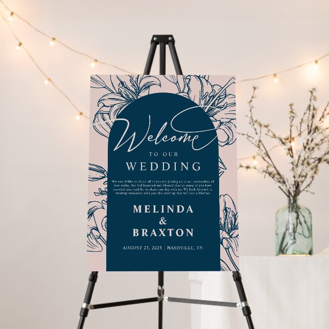 Floral Blush and Navy Wedding Welcome Sign (In Situ (Stand))