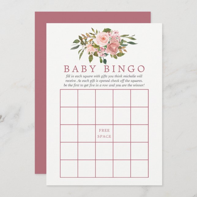 Floral Blush and Rose Gold Baby Shower Baby Bingo Invitation (Front/Back)