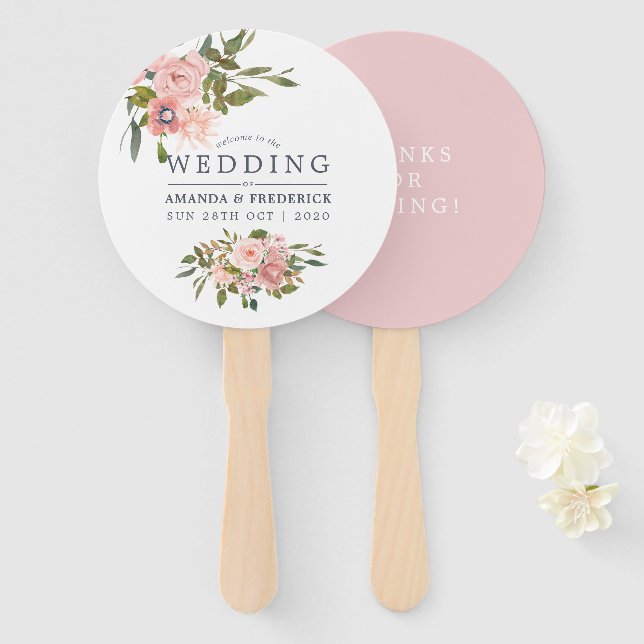 Floral Blush and Rose Gold Wedding Favor Hand Fan (Front and Back)