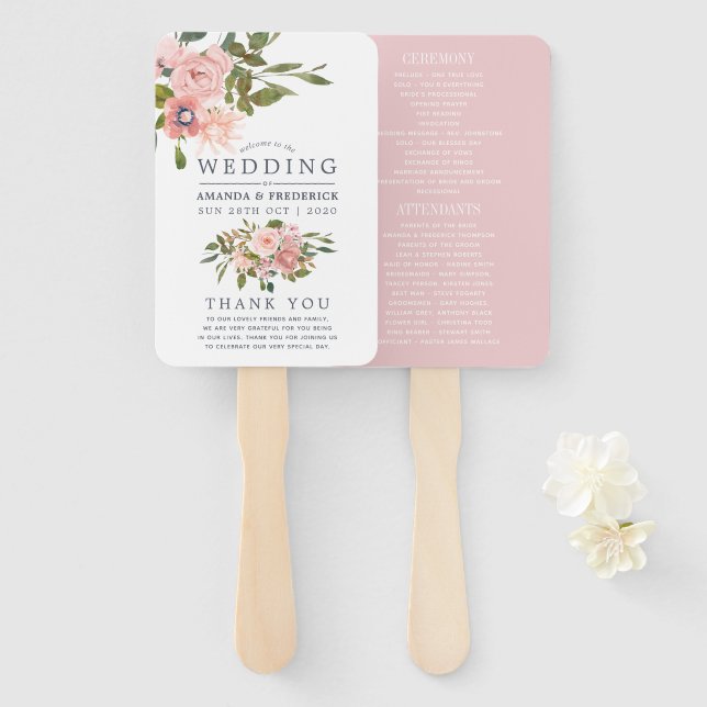 Floral Blush and Rose Gold Wedding Program Hand Fan (Front and Back)