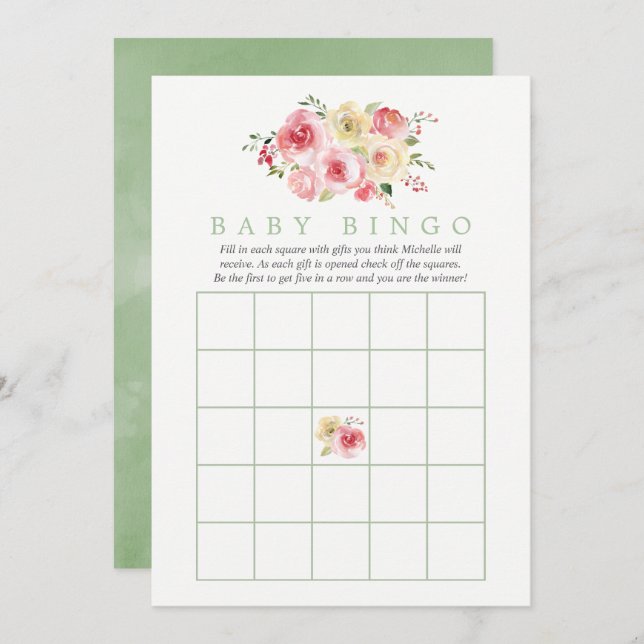 Floral Blush and Sage Baby Shower Baby Bingo Invitation (Front/Back)