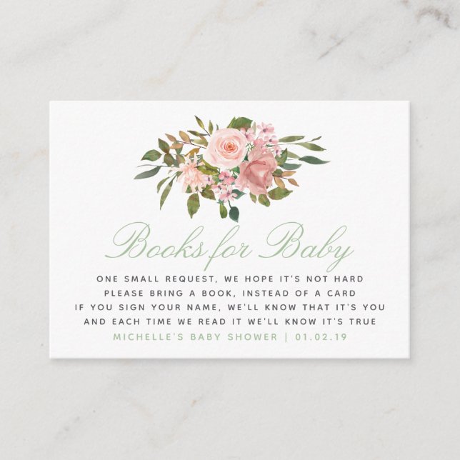 Floral Blush and Sage Baby Shower Book Request Enclosure Card (Front)