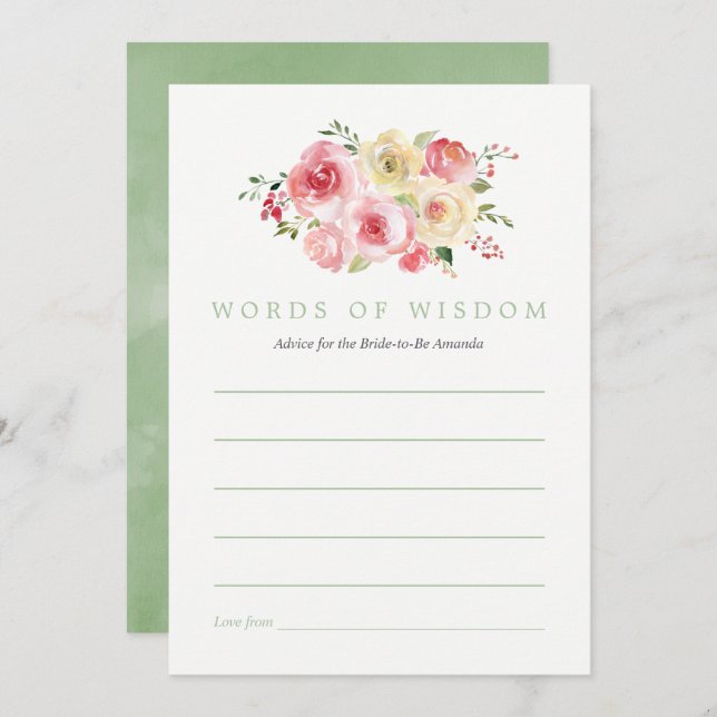 Floral Blush and Sage Bridal Shower Bride Advice Invitation (Front/Back)