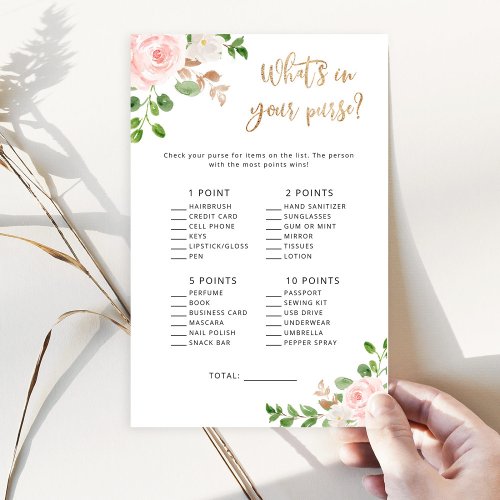 Floral blush baby shower whats in your purse game