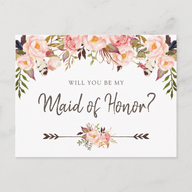 Floral Blush Boho Chic Will You Be Maid of Honor Holiday Postcard (Front)
