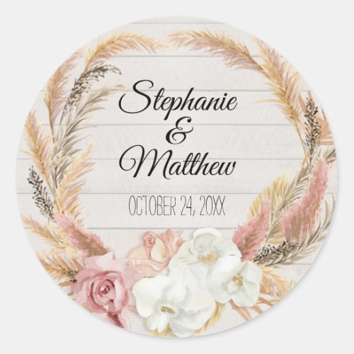 Floral Blush Boho Pampas Palm Rustic Wood Wedding Classic Round Sticker