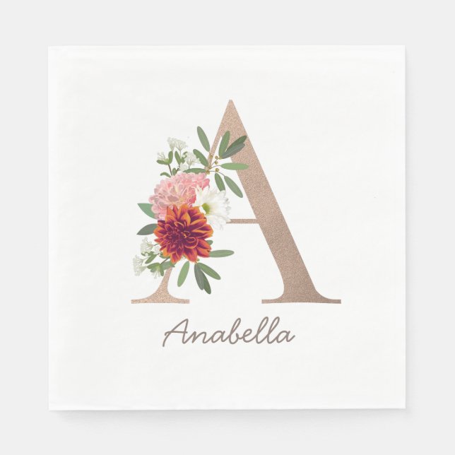 Floral blush bouquet personalized letter " A" Napkins (Front)