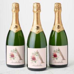 Floral blush bouquet personalized letter " A" Sparkling Wine Label